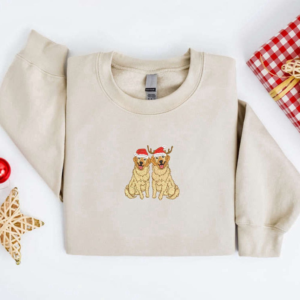 Embroidered Custom Sweatshirts, Embroidered Christmas Dog Sweatshirt, Golden Retriever Santa Sweatshirt For Family, Christmas Gift