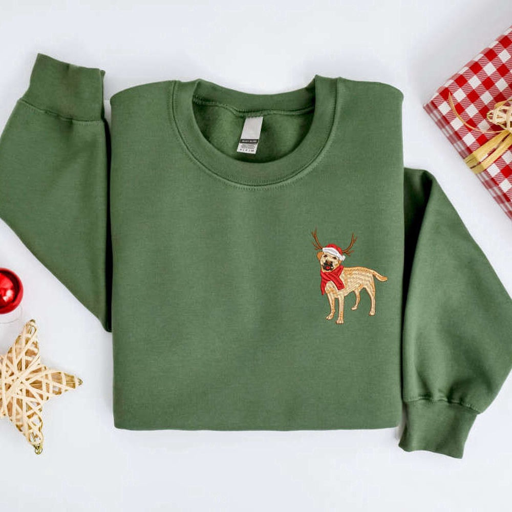 Embroidered Custom Sweatshirts, Embroidered Christmas Dog Sweatshirt, Labrador Retriever Reindeer Sweatshirt For Family, Christmas Gift