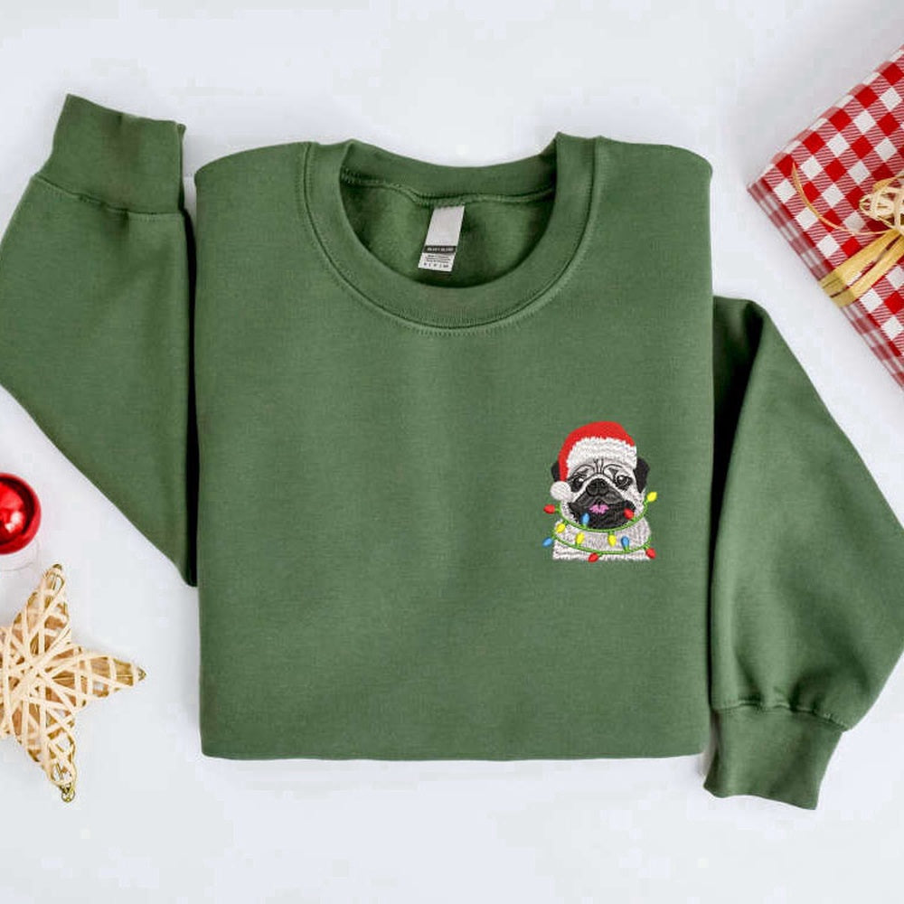 Embroidered Custom Sweatshirts, Embroidered Christmas Dog Sweatshirt, Pug Dog Christmas Sweater Shirt, Christmas Gift