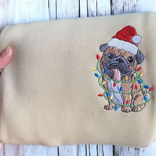 Embroidered Custom Sweatshirts, Embroidered Christmas Dog Sweatshirt, Pug Santa Dog Christmas Sweater For Family, Christmas Gift