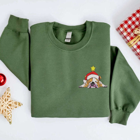 Embroidered Custom Sweatshirts, Embroidered Christmas English Bulldog Sweatshirt, Christmas Sweater For Family, Christmas Gift