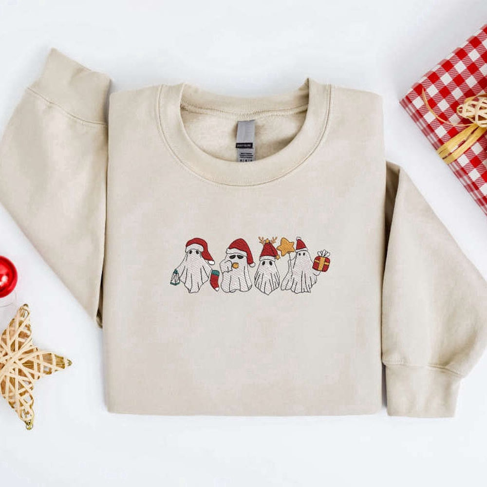 Embroidered Custom Sweatshirts, Embroidered Christmas Ghost Sweatshirt, Santa Ghost Christmas Sweater For Family, Christmas Gift