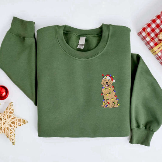 Embroidered Custom Sweatshirts, Embroidered Christmas Golden Dog Sweatshirt, Dog Sweater Gift For Family, Christmas Gift