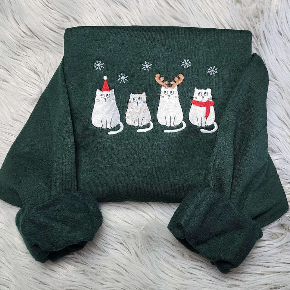 Embroidered Custom Sweatshirts, Embroidered Christmas Meowy Happy Cat Sweatshirt, Best Gift For Cat Lover, Christmas Gift