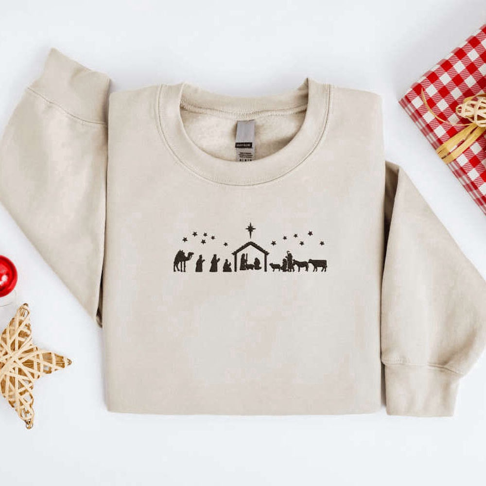 Embroidered Custom Sweatshirts, Embroidered Christmas Nativity Sweatshirt, True Story Nativity Sweater For Christmas, Christmas Gift