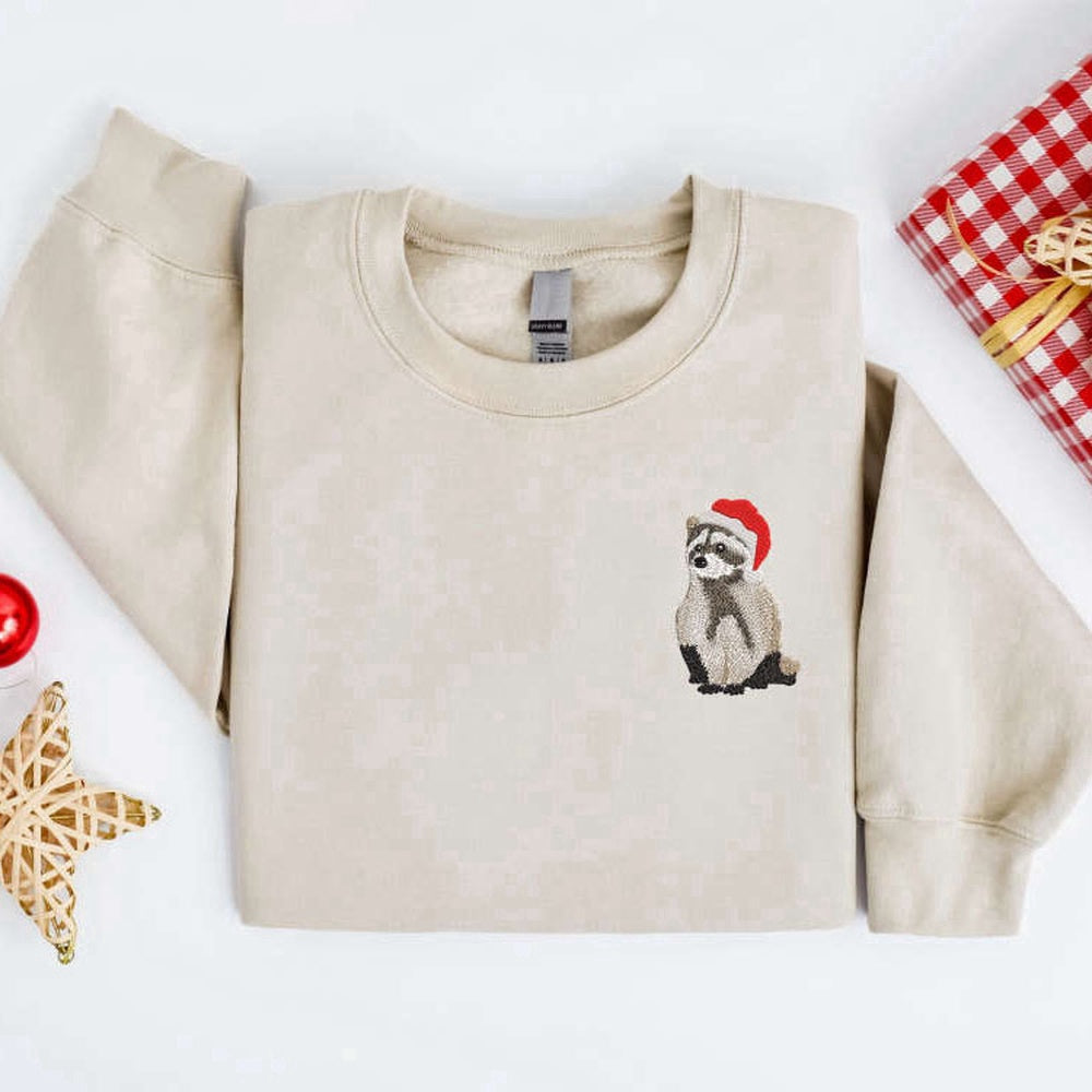 Embroidered Custom Sweatshirts, Embroidered Christmas Raccoon Sweatshirt, Raccoon Santa Christmas Sweater For Family, Christmas Gift