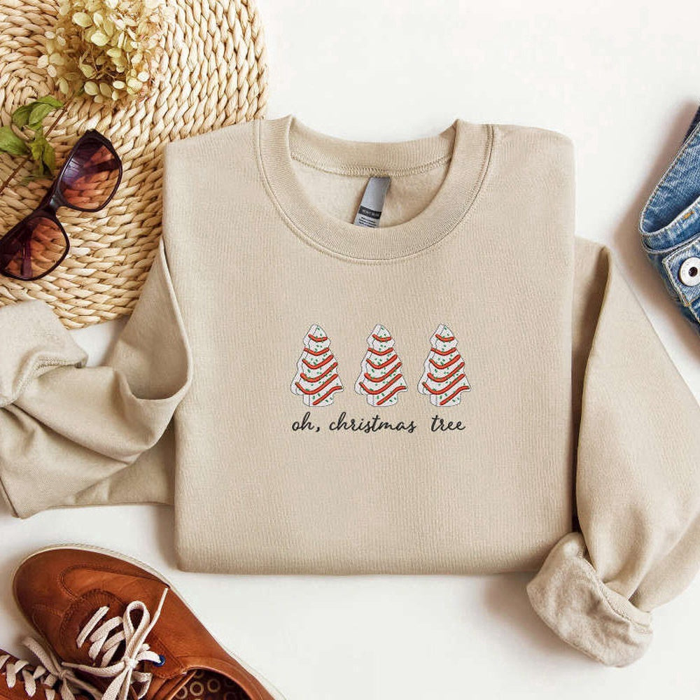 Embroidered Custom Sweatshirts, Embroidered Christmas Tree Cake Sweatshirt Xmas Tree Cake Sweatshirt For Family, Christmas Gift