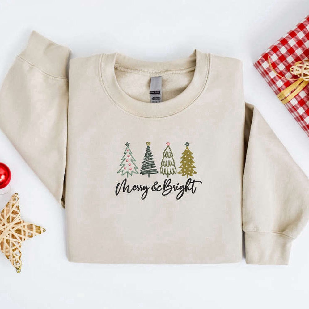 Embroidered Custom Sweatshirts, Embroidered Christmas Tree Sweatshirt, Merry And Bright Sweatshirt For Family, Christmas Gift