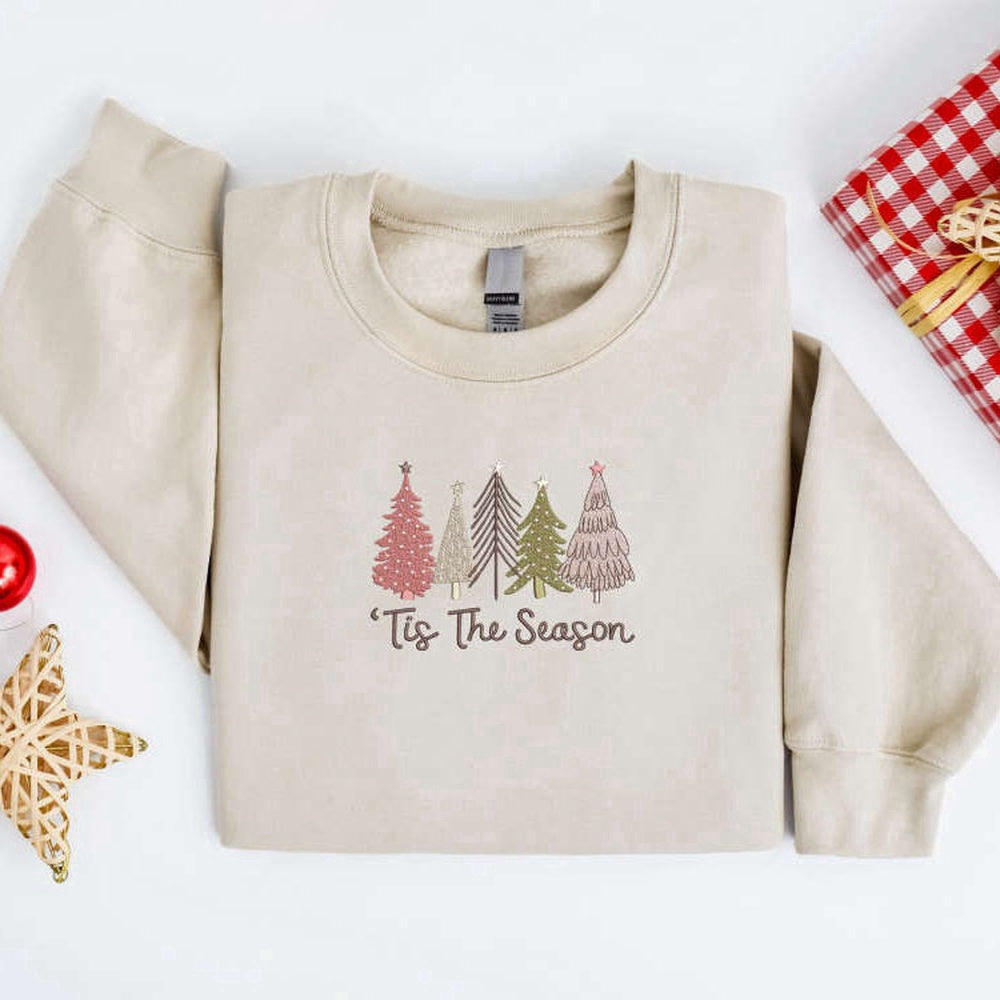 Embroidered Custom Sweatshirts, Embroidered Christmas Tree Sweatshirt, Tis The Season Sweatshirt For Family, Christmas Gift