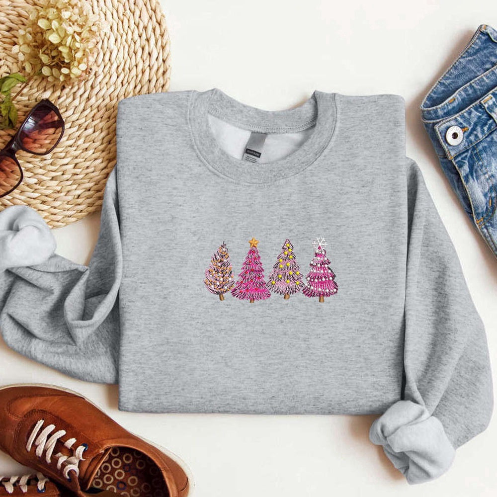 Embroidered Custom Sweatshirts, Embroidered Christmas Tree Sweatshirt, Tree Pink Sweatshirt For Christmas, Christmas Gift