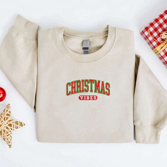 Embroidered Custom Sweatshirts, Embroidered Christmas Vibes Sweatshirt Embroidered Retro Christmas Sweater For Family, Christmas Gift