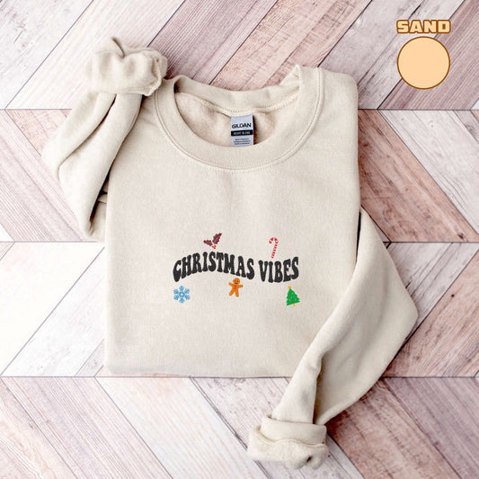 Embroidered Custom Sweatshirts, Embroidered Christmas Vibes Sweatshirt, Merry Christmas Sweatshirt For Family, Christmas Gift