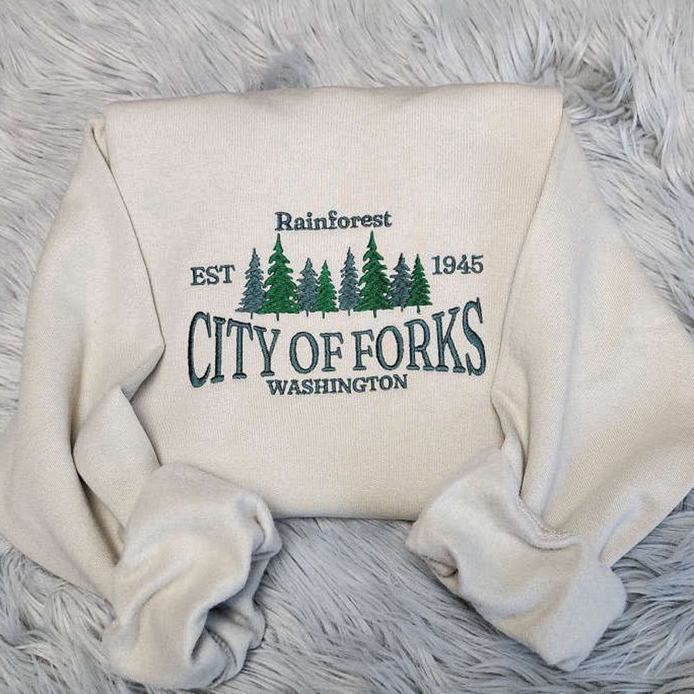 Embroidered Custom Sweatshirts, Embroidered City Of Forks Sweatshirt, Christmas Embroidered Sweatshirt For Family, Christmas Gift