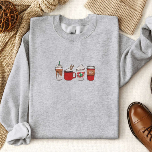 Embroidered Custom Sweatshirts, Embroidered Coffee Christmas Sweatshirt 2D Crewneck Sweater, Gift For Christmas, Christmas Gift