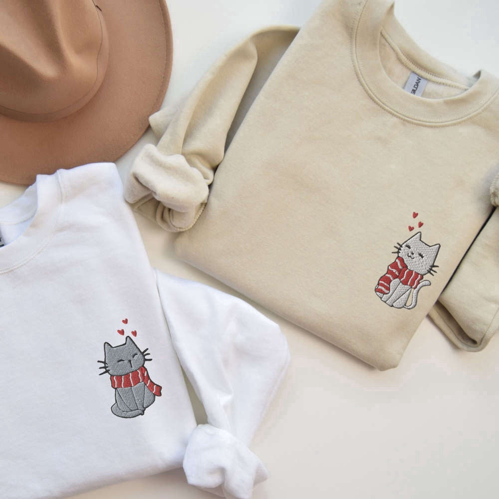 Embroidered Custom Sweatshirts, Embroidered Couples Christmas Cat Sweaters, Matching Cat Christmas Sweatshirts, Christmas Gift