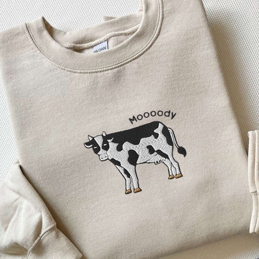 Embroidered Custom Sweatshirts, Embroidered Cow Sweatshirt, Moooody Cow Crewneck, Embroidered Cow Sweater, For Cow Lovers, Christmas Gift