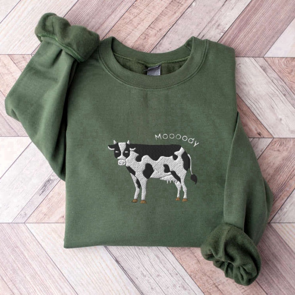 Embroidered Custom Sweatshirts, Embroidered Cow Sweatshirt, Moooody Cow Crewneck, Gift For Cow Lovers, Christmas Gift