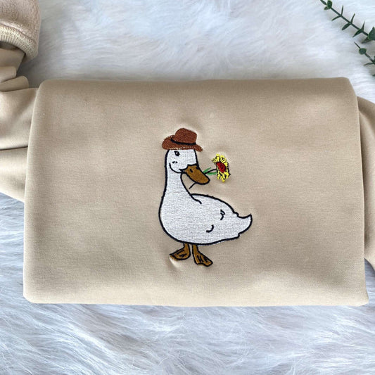 Embroidered Custom Sweatshirts, Embroidered Cowboy Goose Sweatshirt, Ducks And Flowers Embroidered Sweatshirt For Family, Christmas Gift