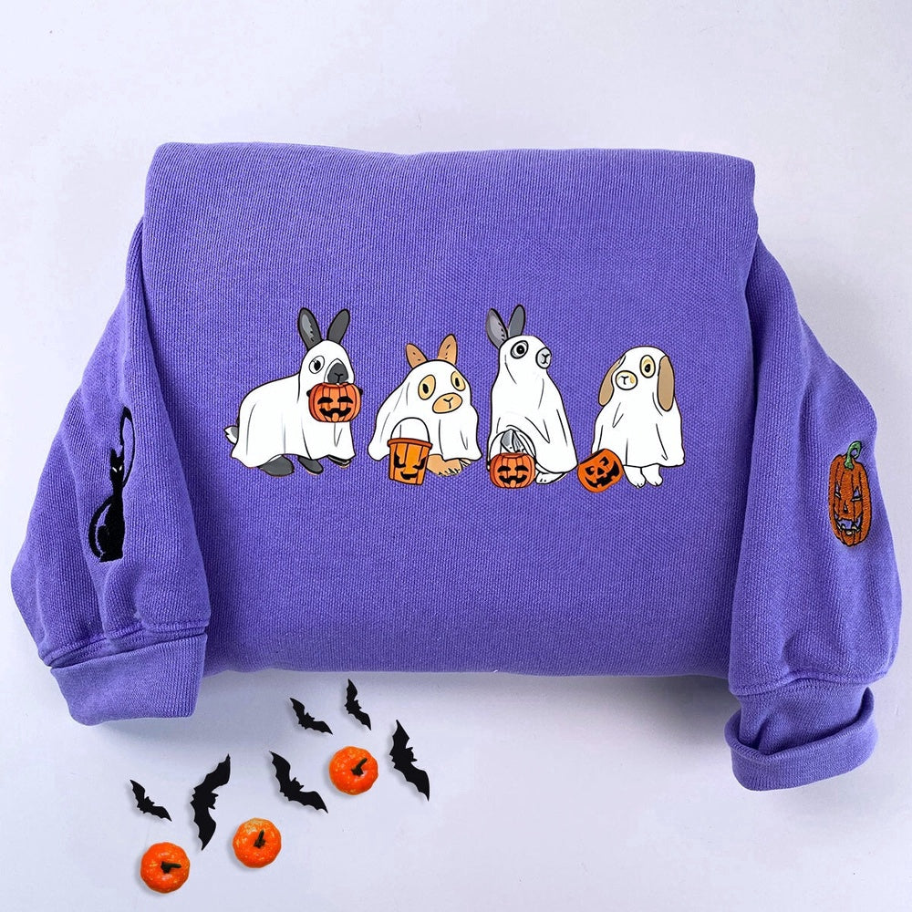 Embroidered Custom Sweatshirts, Embroidered Cute Rabbit Ghost Halloween Sweatshirt, Christmas Gift