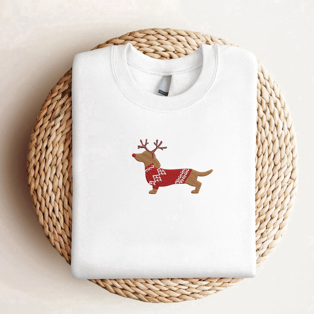 Embroidered Custom Sweatshirts, Embroidered Dachshund Reindeer Christmas Sweatshirt, Crewneck Sweatshirt For Family, Christmas Gift