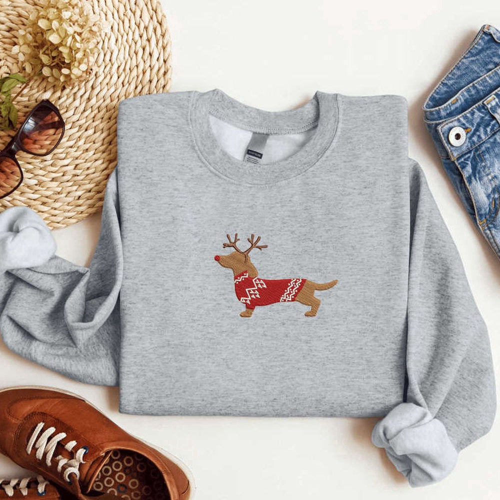 Embroidered Custom Sweatshirts, Embroidered Dachshund Reindeer Christmas Sweatshirt For Men And Women, Christmas Gift