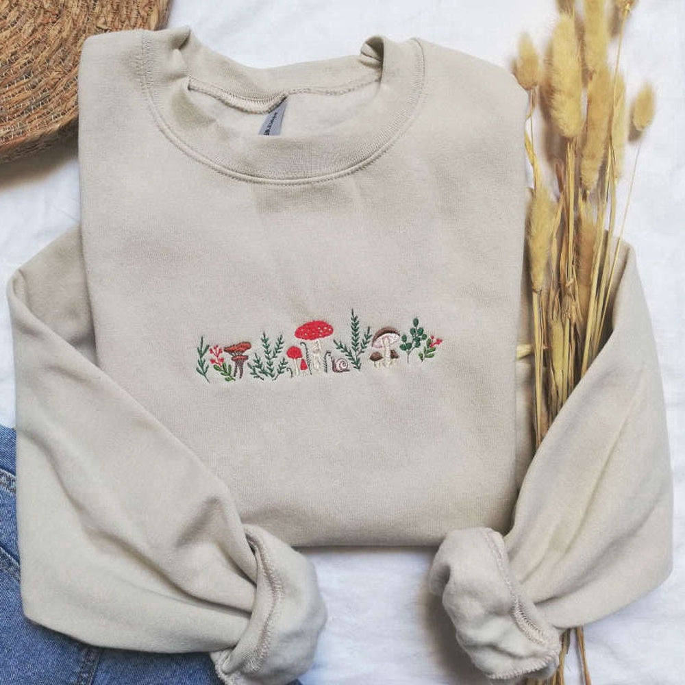 Embroidered Custom Sweatshirts, Embroidered Fall Sweatshirt,Mushroom Embroidery, Fall Crewneck, Enchanted Forest, Christmas Gift