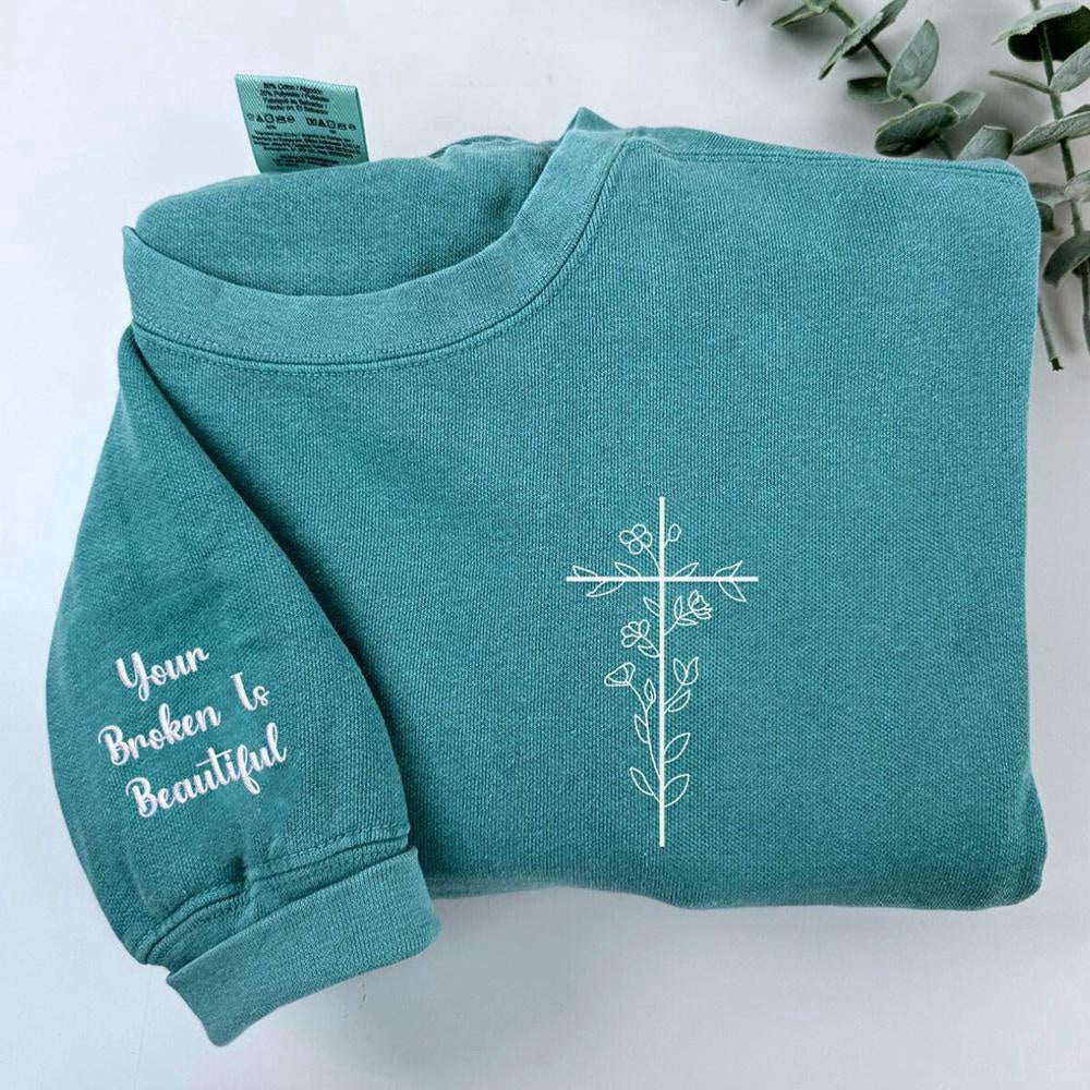 Embroidered Custom Sweatshirts, Embroidered Floral Cross Sweatshirt, Christmas Gift