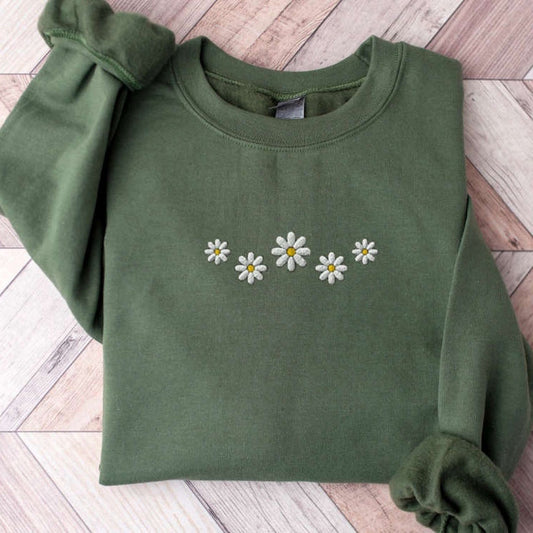 Embroidered Custom Sweatshirts, Embroidered Floral Daisy Sweatshirt, Daisy Crewneck Embroidery, Gift For Family, Christmas Gift