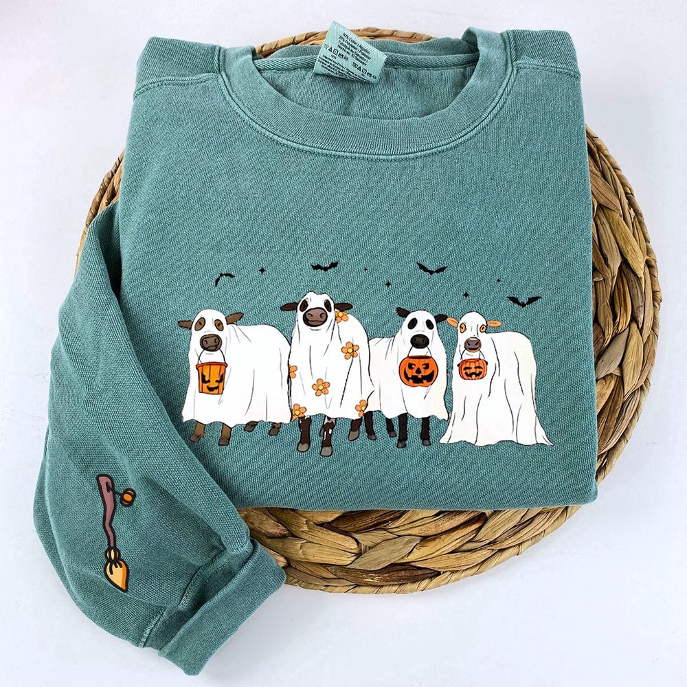 Embroidered Custom Sweatshirts, Embroidered Ghost Cows Halloween Sweatshirt, Christmas Gift