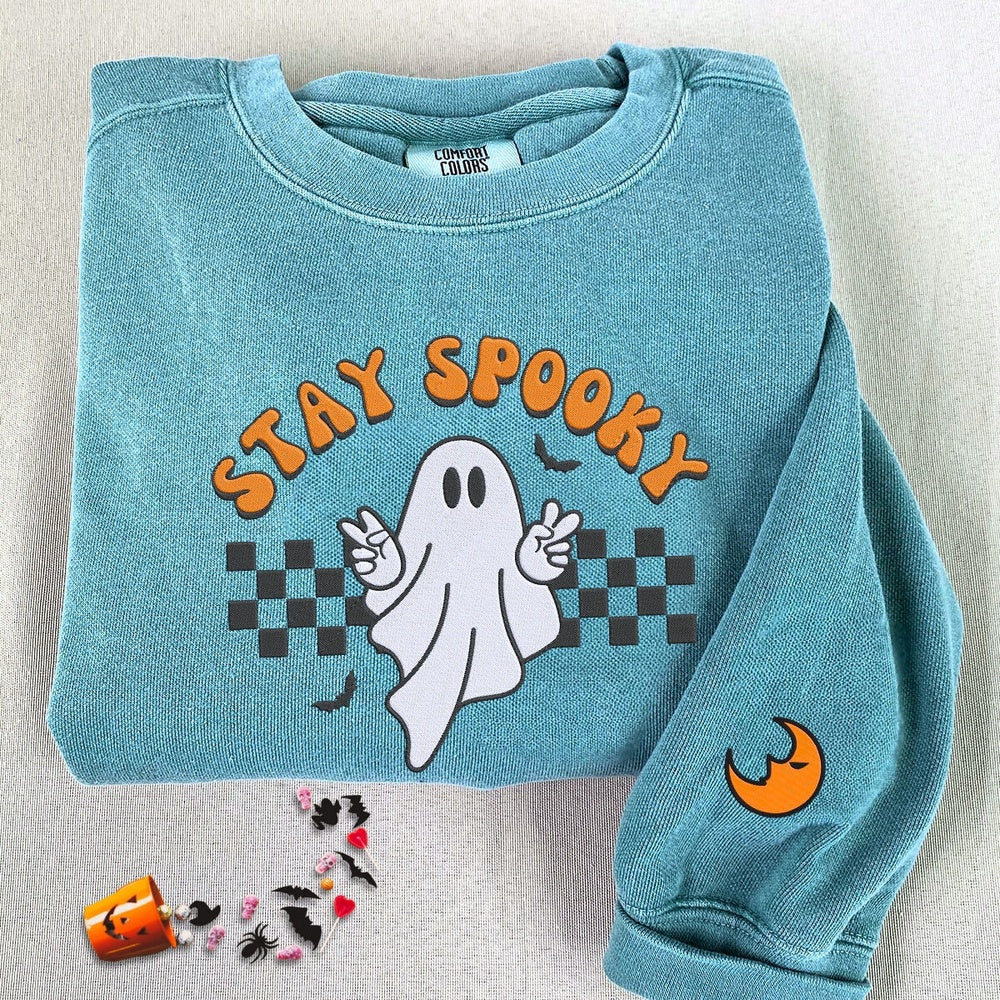 Embroidered Custom Sweatshirts, Embroidered Ghost Stay Spooky Halloween Sweatshirt, Christmas Gift