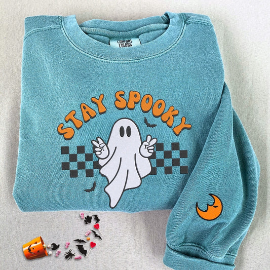 Embroidered Custom Sweatshirts, Embroidered Ghost Stay Spooky Halloween Sweatshirt, Christmas Gift