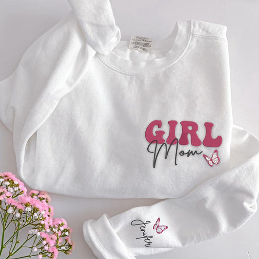 Embroidered Custom Sweatshirts, Embroidered Girl Mom Sweatshirt With Kids Name, Christmas Gift