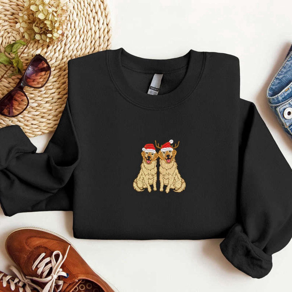 Embroidered Custom Sweatshirts, Embroidered Golden Retriever Christmas Sweatshirt, 2D Crewneck Sweater For Family, Christmas Gift