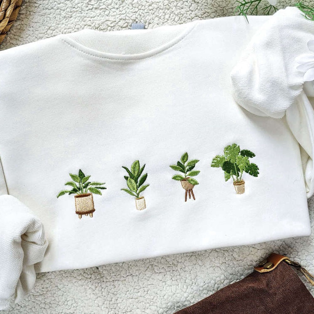 Embroidered Custom Sweatshirts, Embroidered Green Potted Plant Sweatshirt, Indoor Plant Gift For Her, Nature Lover Gift, Christmas Gift