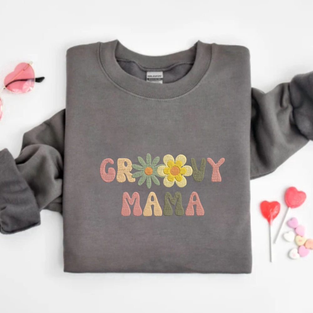 Embroidered Custom Sweatshirts, Embroidered Groovy Mama Sweatshirt, Custom Mama With Flower Sweatshirt, Gift Idea For Mom, Christmas Gift