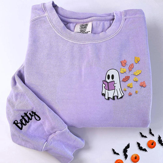 Embroidered Custom Sweatshirts, Embroidered Halloween Ghost Book Lover 3 Sweatshirt, Christmas Gift