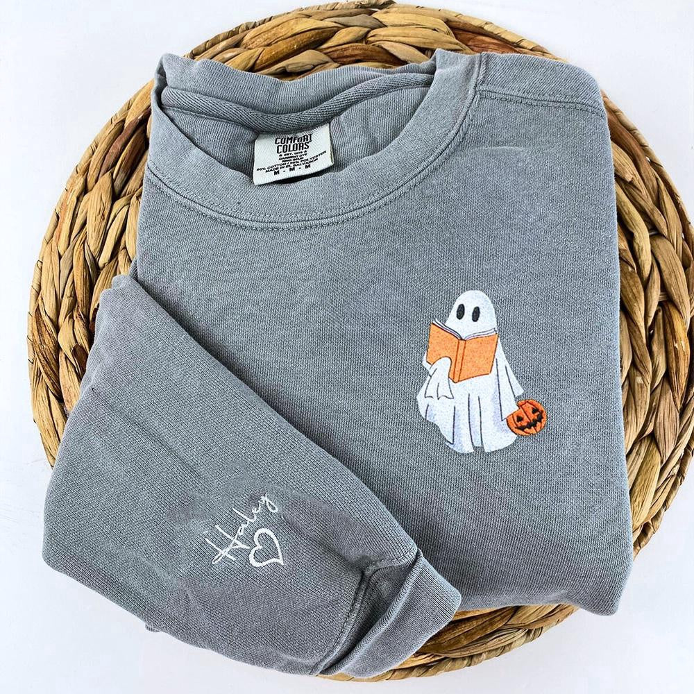 Embroidered Custom Sweatshirts, Embroidered Halloween Ghost Book Lover 4 Sweatshirt, Christmas Gift