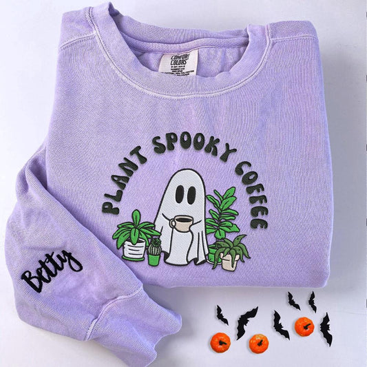 Embroidered Custom Sweatshirts, Embroidered Halloween Ghost Plant Coffee Sweatshirt, Christmas Gift