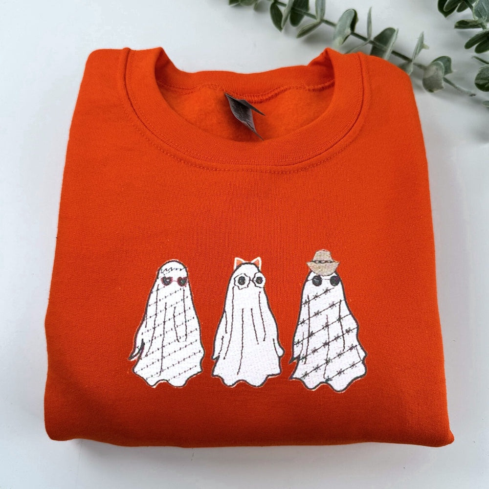 Embroidered Custom Sweatshirts, Embroidered Halloween Sweatshirt, Three Ghost Sweatshirt For Women Men, Christmas Gift