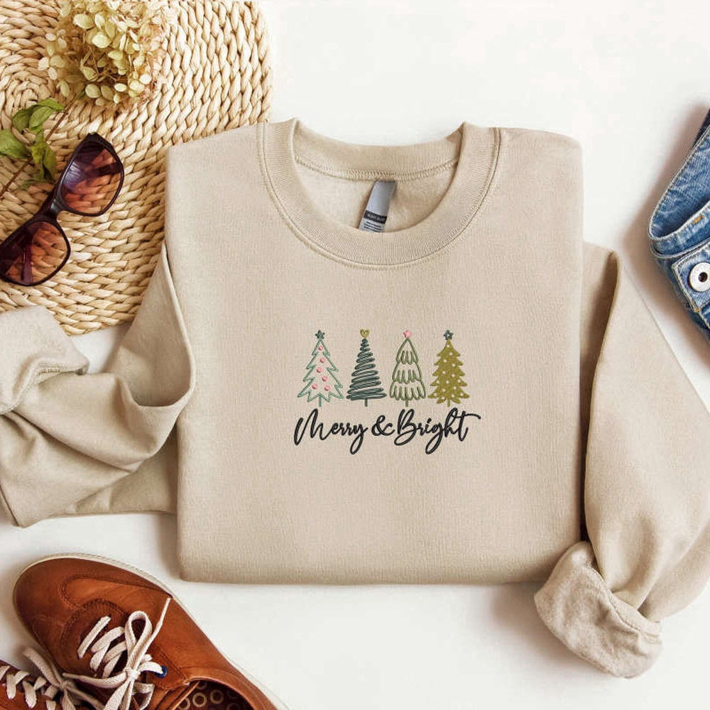 Embroidered Custom Sweatshirts, Embroidered Merry And Bright Christmas Sweatshirt, Christmas Tree Sweatshirt For Family, Christmas Gift