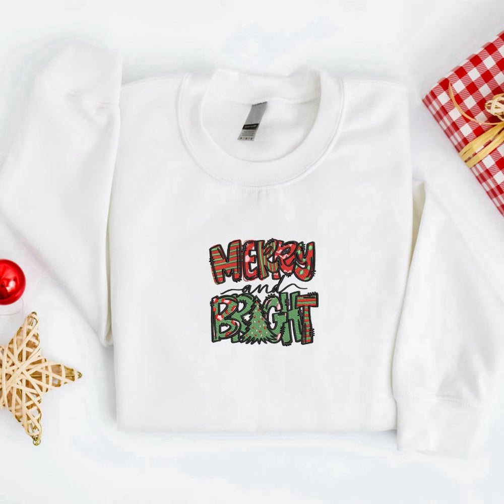 Embroidered Custom Sweatshirts, Embroidered Merry And Bright Christmas Sweatshirt For Men And Women, Christmas Gift