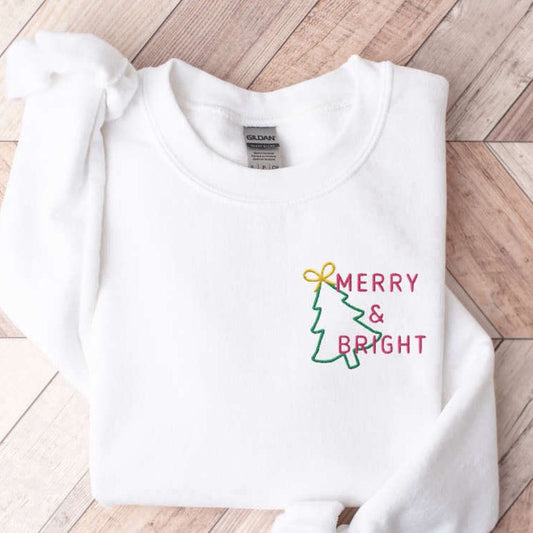 Embroidered Custom Sweatshirts, Embroidered Merry And Bright Christmas Tree Sweatshirt, Gift For Christmas, Christmas Gift