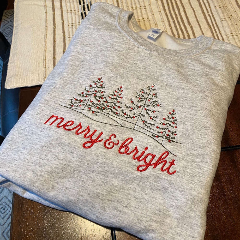 Embroidered Custom Sweatshirts, Embroidered Merry & Bright Christmas Crewneck Sweatshirt, Gift For Christmas, Christmas Gift