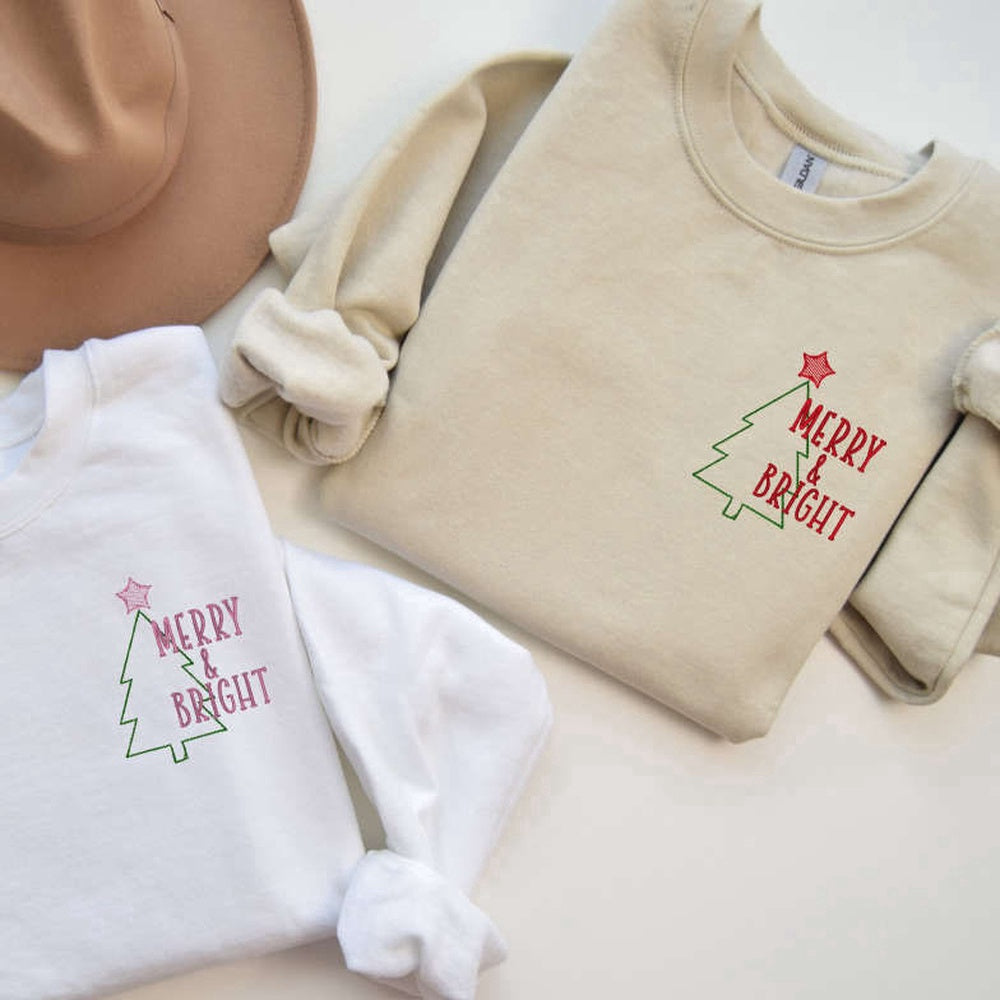 Embroidered Custom Sweatshirts, Embroidered Merry & Bright Crewneck, For Family, Christmas Gift