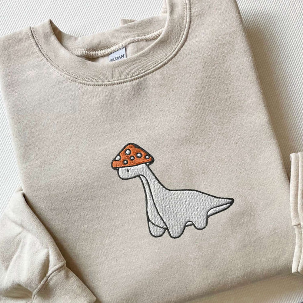 Embroidered Custom Sweatshirts, Embroidered Mushroom Dinosaur Sweatshirt, Mushroom Dinosaur Shirt For Christmas, Christmas Gift