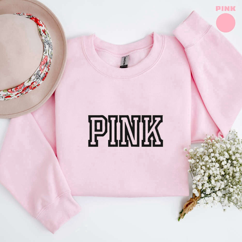 Embroidered Custom Sweatshirts, Embroidered Pink Sweatshirt, 2D Crewneck Sweatshirt For Music Lover, Christmas Gift