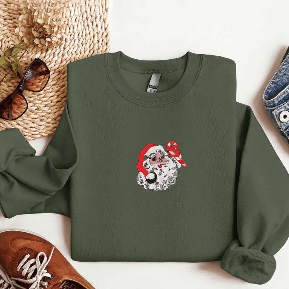 Embroidered Custom Sweatshirts, Embroidered Retro Santa Christmas Sweatshirt 2D Crewneck Sweater For Family, Christmas Gift