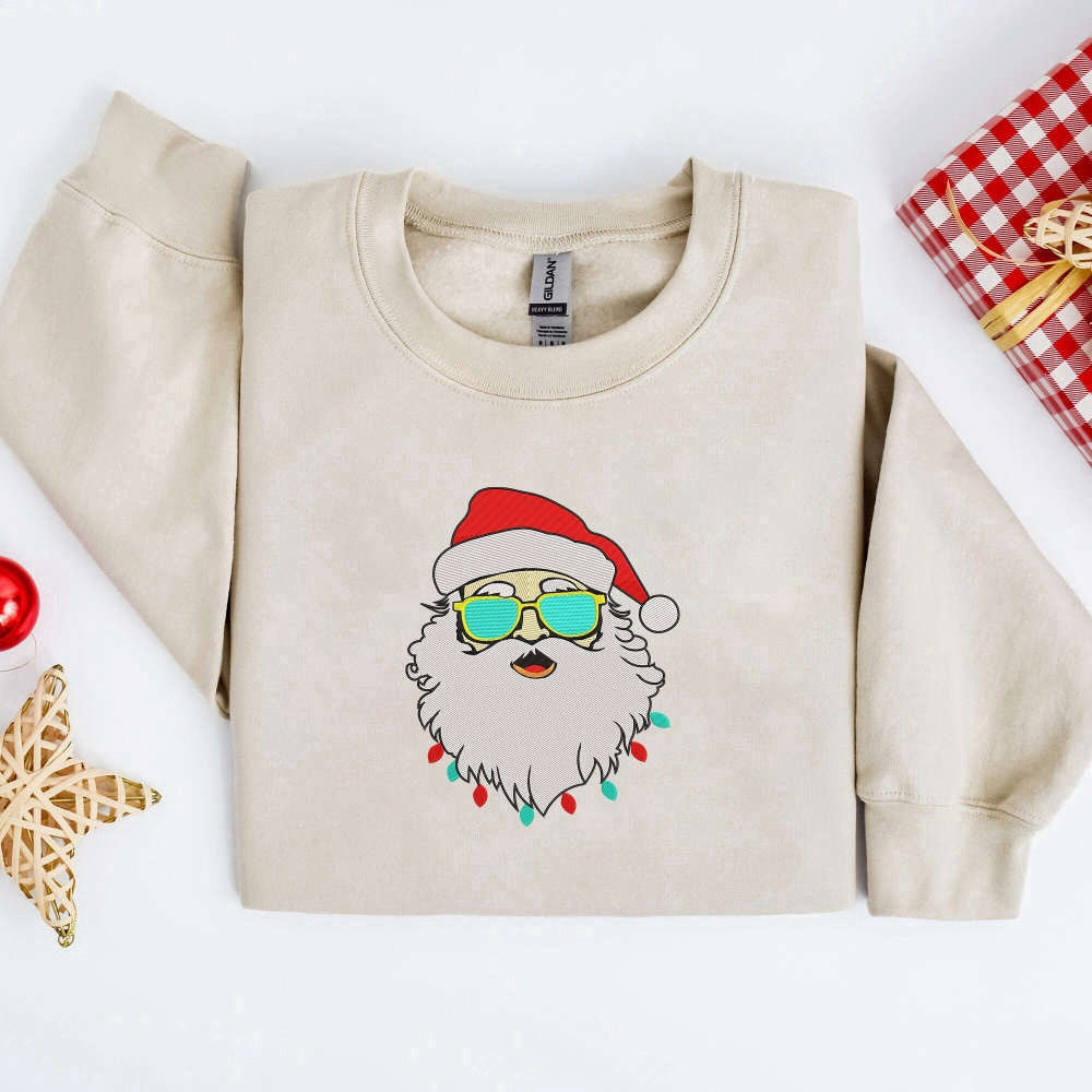 Embroidered Custom Sweatshirts, Embroidered Retro Santa Sweatshirt, Santa With Sunglasses Sweatshirt For Family, Christmas Gift