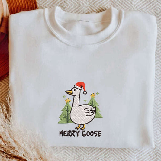 Embroidered Custom Sweatshirts, Embroidered Silly Goose Christmas Sweatshirt, Merry Goose Crewneck For Family, Christmas Gift