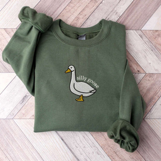 Embroidered Custom Sweatshirts, Embroidered Silly Goose Sweatshirt, Embroidered Goose Crewneck Sweatshirt For Family, Christmas Gift